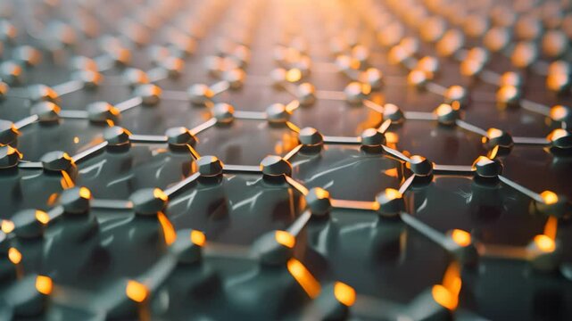 This close-up Videograph highlights a metal structure with numerous dots, showcasing its intricate design, Graphene, one atom thick, under a powerful microscale lens