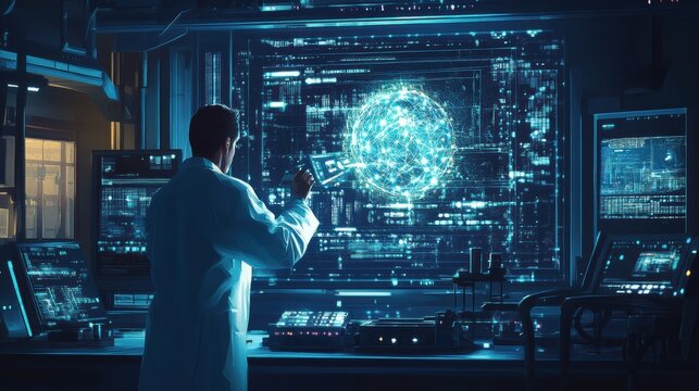 A scientist in a high-tech lab working on a glowing quantum computer, surrounded by intricate circuits