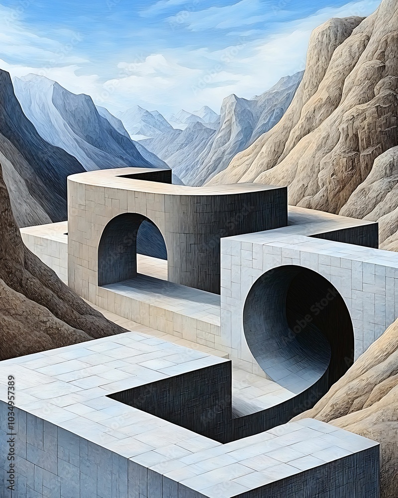 Wall mural surreal geometric landscapes exploring the harmony between nature and abstract architecture in a maj