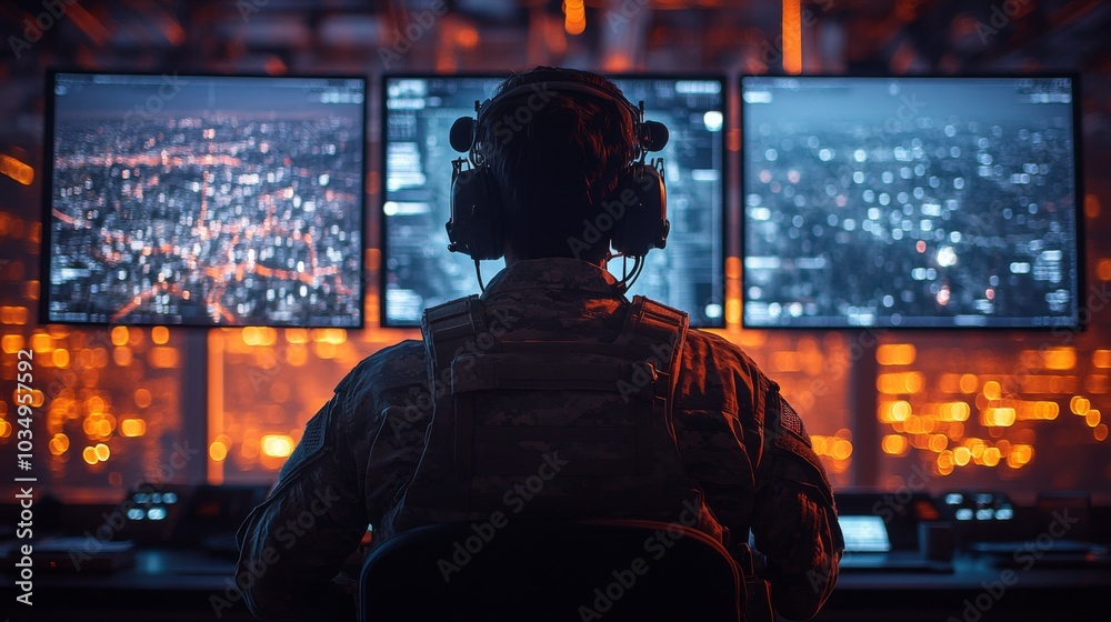 Fototapete A military operator is seated in a command center, concentrating on several screens displaying vital data and images of a city at night. The room is illuminated with ambient orange light.