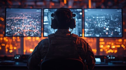 Obraz premium A military operator is seated in a command center, concentrating on several screens displaying vital data and images of a city at night. The room is illuminated with ambient orange light.