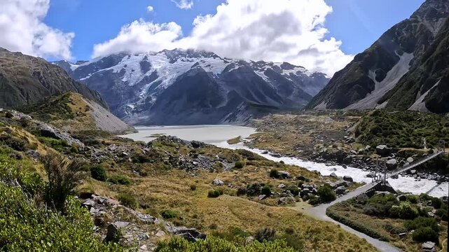 Snow-Capped Peaks and Glacial Valley of Mount Sefton, Southern Alps, New Zealand &ndash; Rugged Mountain Terrain and Alpine Scenery