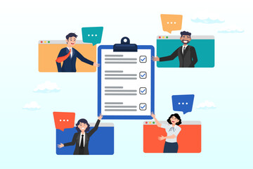 Meeting agenda, strategy planning communication, checklist or todo list for teamwork, brainstorm or work discussion, task or meeting reminder clipboard, business people meeting with agenda checklist