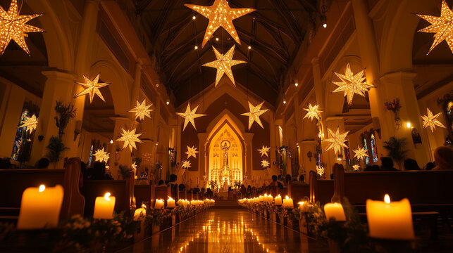The church is filled with worshippers during Simbang Gabi, candles are lit to illuminate the beautiful room, the ceiling of the church is decorated with the typical Philippine parol star ornaments. 