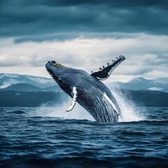 Fototapeta premium Majestic Humpback Whale Breaching Turbulent Ocean Surface
