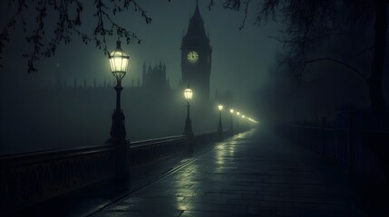 Obraz premium Foggy Victorian Era London Street at Night with Glowing Street Lamps