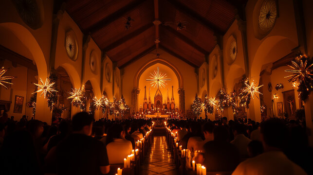 The church is filled with worshippers during Simbang Gabi, candles are lit to illuminate the beautiful room, the ceiling of the church is decorated with the typical Philippine parol star ornaments. 