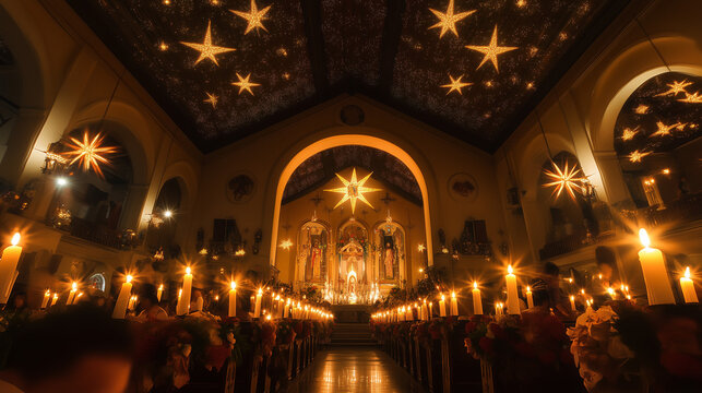 The church is filled with worshippers during Simbang Gabi, candles are lit to illuminate the beautiful room, the ceiling of the church is decorated with the typical Philippine parol star ornaments. 