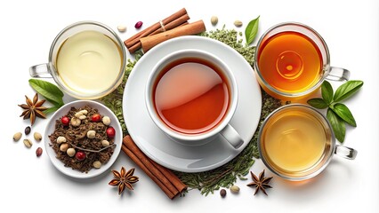 Realistic 3D Cup of Hot Aromatic Tea Set - Rooibos, Green, Black, Herbal, Red Tea, Indian Masala Tea with Milk for Menu, Web Design, and App Illustrations