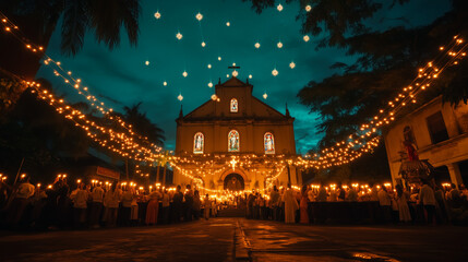 Morning atmosphere of Simbang Gabi in the colonial church of the Philippines, congregation wearing warm clothes lined up in front of the church holding candles, Ai generated images