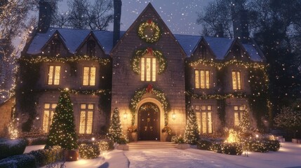 Elegant English country house decorated with twinkling lights, wreaths, and garlands, set against a snowy winter evening, capturing warmth and charm of classic holiday season.