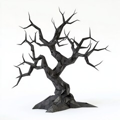 3D Render, Low Poly style of a spooky tree with twisted branches, on isolated white background