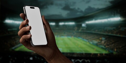 Asian middle aged male using smartphone with a blank white screen. Stadium, soccer, crowd apps mockup. Vertical phone orientation