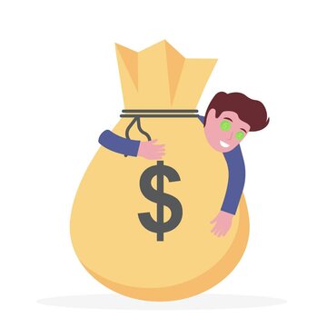 funny greedy businessman with dollar eyes hugging money bag.Dollar eyes greedy man concept.

