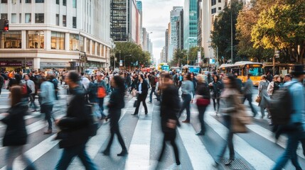 Obraz premium A bustling city street with commuters during rush hour, City street scene, Urban and metropolitan style