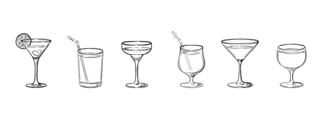 Elegant hand drawn collection of alcohol drinks and cocktails glasses in sketch line style. vector illustration isolated on transparent background for bar menu, happy hour, restaurant, tasting