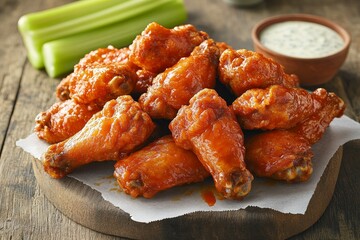 Delicious buffalo wings served with celery and dipping sauce on wood