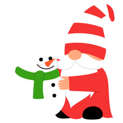 Cute Gnome in red costume is building a snowman illustration
