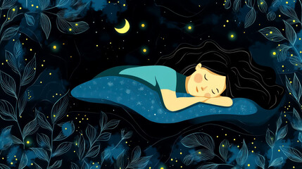 World Sleep Day. Young woman sleeping on starry sky background. Horizontal banner. Copy space. Flat illustration. Rest and relax. Awareness about importance of sleep and insomnia problem
