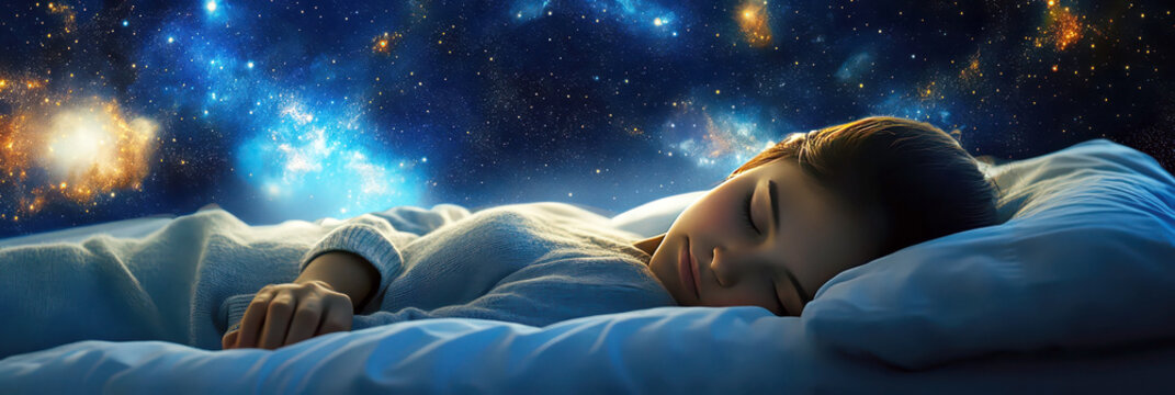 World Sleep Day. Teenage girl sleeping in bed on starry sky background. Rest and relax. Horizontal banner. For flyer, poster, social medial. Awareness about importance of sleep and insomnia problem