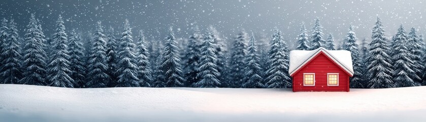 A picturesque winter scene featuring a red house surrounded by snow-covered trees under a soft snowfall.