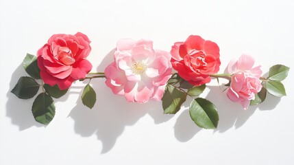 red and pink rose blooms in various stages of unfurling, interspersed with verdant leaves meticulously arranged in a linear composition ethereal shadows cast on pristine white backdrop