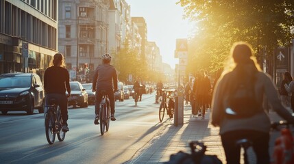 A bustling city street with people using electric bikes and smart wearables, Urban lifestyle theme, Dynamic style