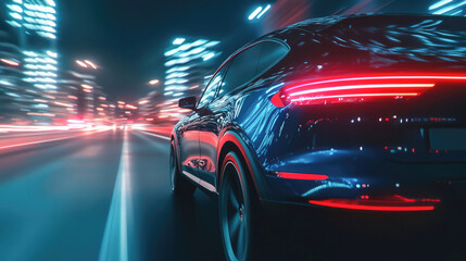 Obraz premium Sleek electric car speeding through neon-lit night cityscape with motion blur