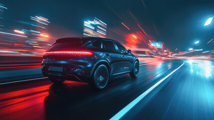 Obraz premium Sleek electric car driving through futuristic city at night with neon lights