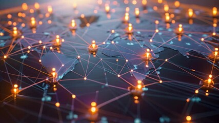 A map of the world featuring glowing lights representing various locations and continents, Individuals from different geographical locations linked together through a blockchain chain