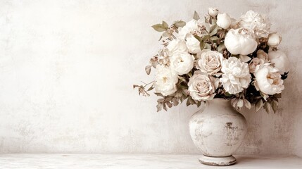 lush bouquet of mixed vintage flowers erupts from antique vase, spilling onto weathered white surface muted palette evokes sepia-toned memories delicate details in petals and leaves create intricate