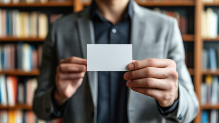 Business professional holding blank business card in office library setting