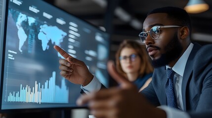 Businessman in Suit Presenting Data on a Computer Screen