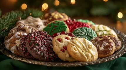 Festive assortment of decorated Christmas cookies on a tray