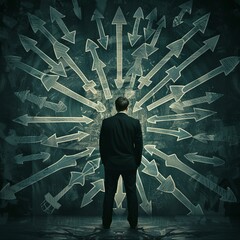 Businessman Facing Multiple Arrows Representing Choices and Decision-Making in a Complex Business Environment