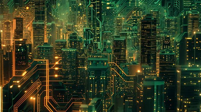 A Vibrant Metropolis Illuminated by Countless Lights, Intricate circuit board pattern resembling a cityscape