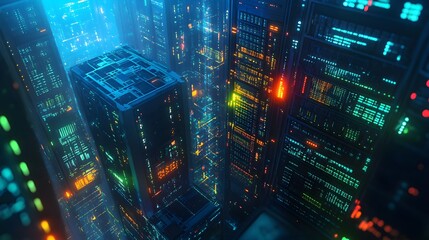 Top view of a glowing server cabinet with ambient lighting in dark blue and green hues, intricate network cables creating a detailed web, futuristic aesthetic