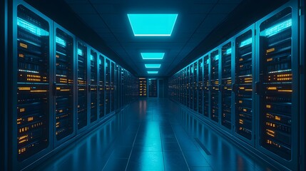 Top view of a modern server room, rows of servers illuminated by cool blue ambient lighting, cables neatly arranged, set against a dark cityscape backdrop