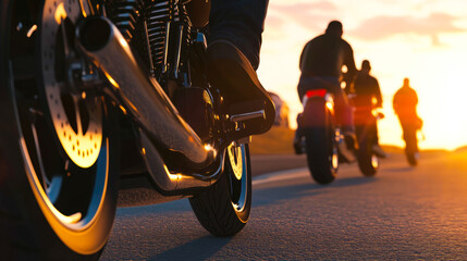 Sunset motorcycle journey with friends on open road: freedom, adventure, unity, and passion