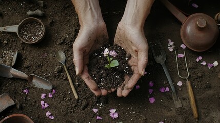 weathered hands tenderly cradle a delicate seedling, surrounded by an artful arrangement of vintage gardening tools, rich soil, and scattered wildflower petals