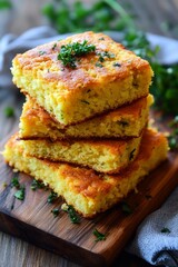 Homemade cornbread stacked on a wooden board with fresh herbs