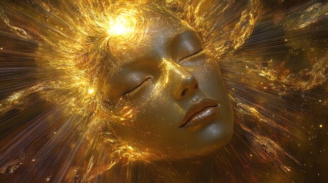 A striking close-up of a serene human face, radiantly illuminated with a golden hue. The skin has a smooth, metallic sheen, giving it an ethereal appearance. The background bursts with a dazzling arra