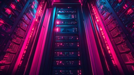 Obraz premium Top-down shot of compact data center modules, illuminated by cool blue lights, representing corporate cloud computing and data storage solutions, Tech, Modern, High Detail