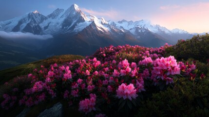 Obraz premium majestic alpine rhododendrons carpet rugged chamonix slopes, their vibrant pink blooms contrasting against snow-capped peaks and misty valleys, captured in ethereal morning light
