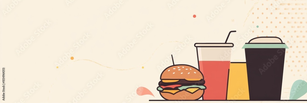 Poster a delightful spread of burgers and refreshing drinks is set against a clean, minimalist backdrop, id