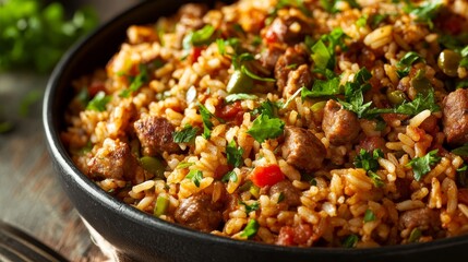 Delicious Creole jambalaya with rice and meat ready for serving