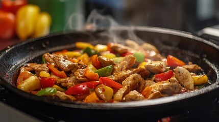 Sizzling chicken fajitas with colorful peppers in a skillet