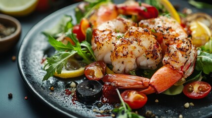 Delicious grilled lobster served on a fresh salad with vegetables