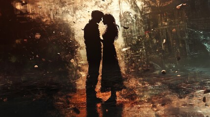 The image depicts a romantic silhouette of a couple standing closely together, locked in an intimate kiss. The background is filled with a blend of warm and cool colors, creating an ethereal atmospher