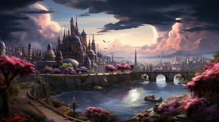 Fototapeta premium A Fantasy Cityscape with a Majestic Castle and a Tranquil River